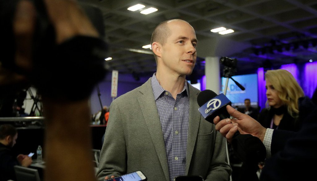 Rusty Hicks speaks to reporters during the 2019 California Democratic Party State Organizing Convention in San Francisco, Sunday, June 2, 2019. AP Photo/Jeff Chiu