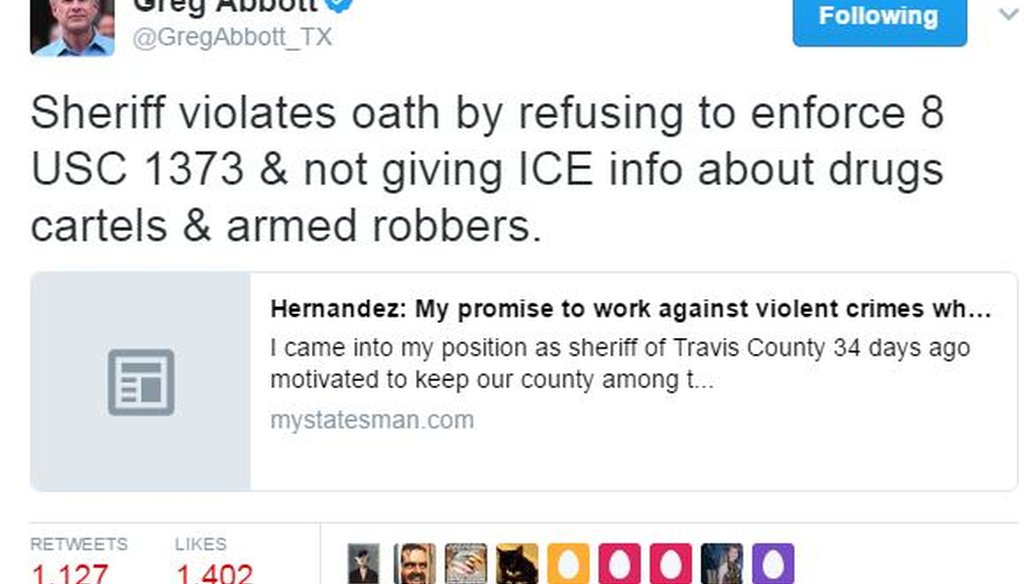 Gov. Greg Abbott posted this tweet about Travis County Sheriff Sally Hernandez on Feb. 6, 2017. We rated this claim False (screen grab).