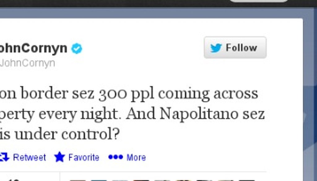 Sen. Cornyn's Feb. 20, 2013, tweet.