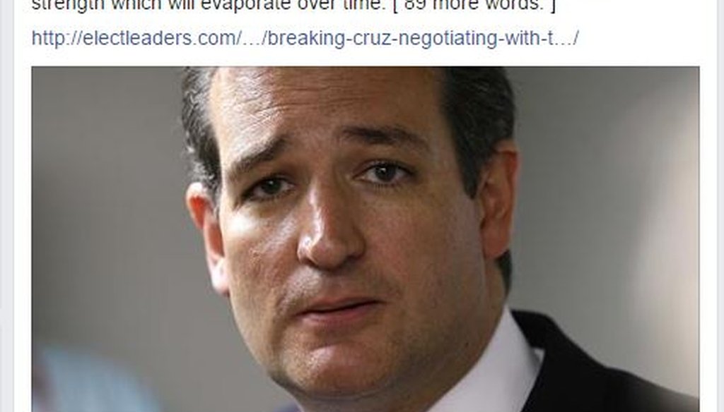 In February 2016, Elect Leaders put up this post suggesting Ted Cruz was negotiating with Donald Trump to be the businessman's running mate. False, we say.