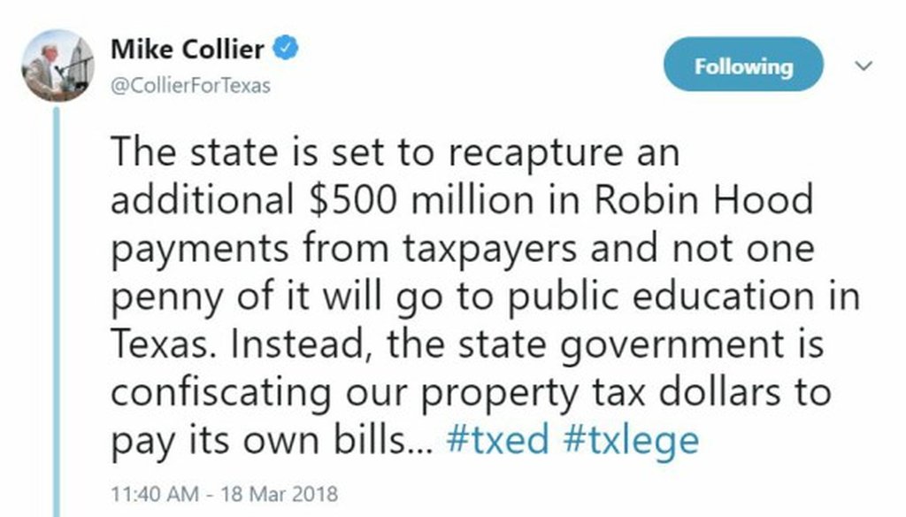In this March 2018 tweet, Mike Collier says money recaptured from property-rich districts won't be going to fund education (screen grab).