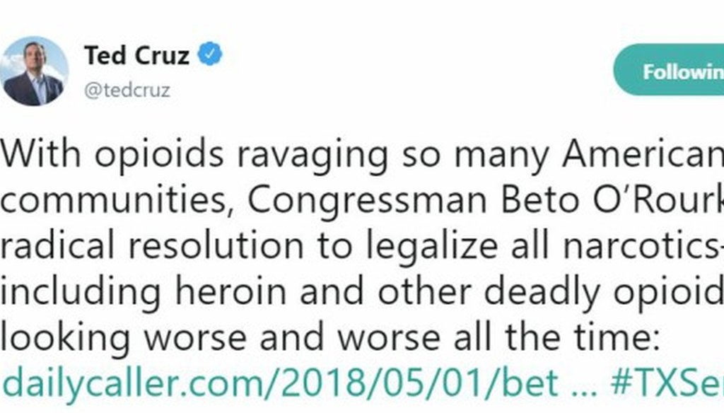 Sen. Ted Cruz posted this tweet critical of Democratic challenger Beto O'Rourke May 1, 2018.