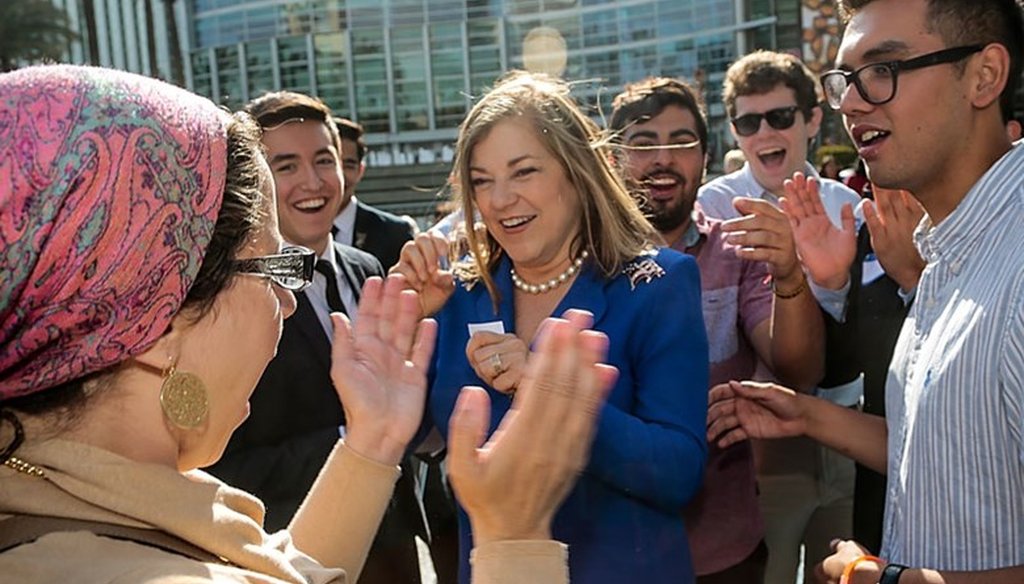 California Rep. Loretta Sanchez, middle, greets supporters at the California Democrats State Convention in Anaheim, Calif., on Saturday, May 16, 2015. Associated Press photo.