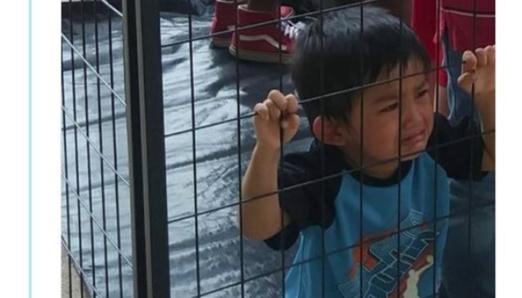 This June 11, 2018 tweet presents a photo of a boy described as caged. PolitiFact Texas rated the tweeted photo False.