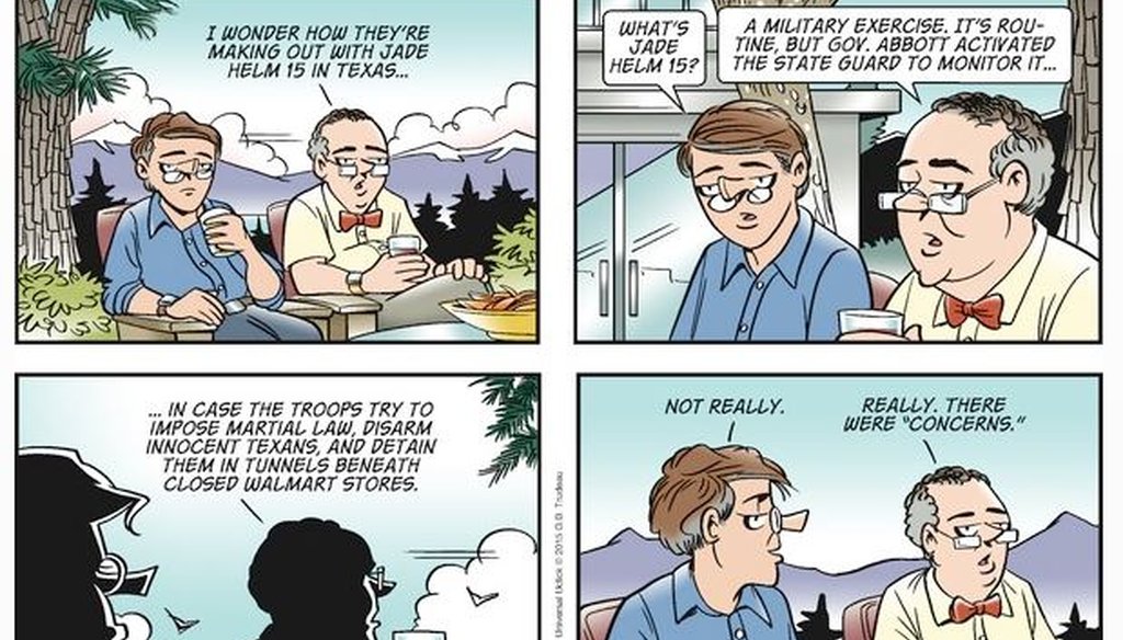 Here's the portion of a June 2015 installment of Doonesbury that led us to checking a claim about Greg Abbott. That check was our No. 1 online attraction in June.