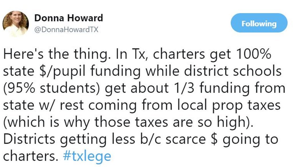 State Rep. Donna Howard made jam-packed claim about charter schools and school districts in this July 2018 tweet. PolitiFact Texas rated her tweet Mostly True (screen grab).