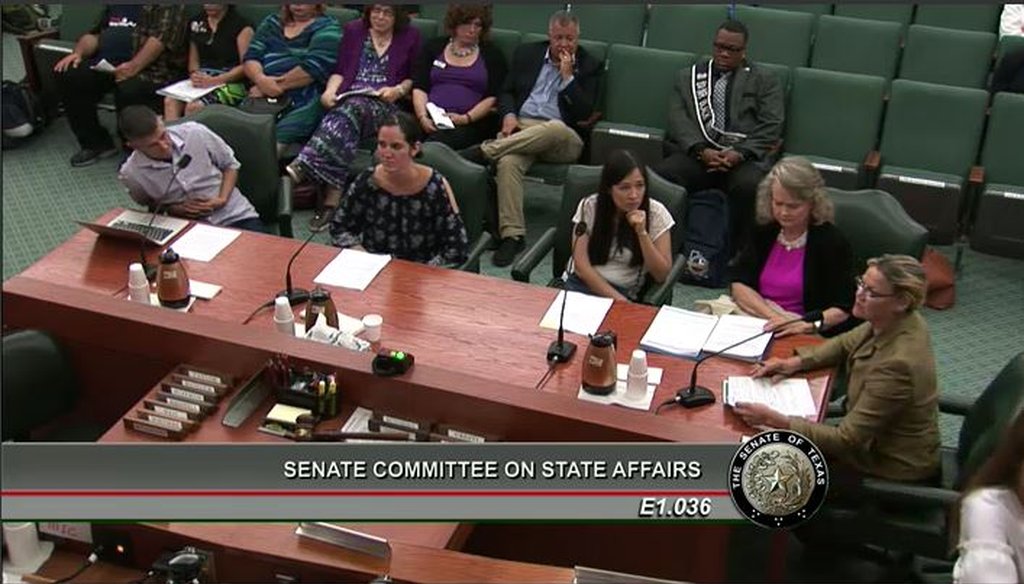Spicewood attorney Glenna Hodge, far right, testifies before a Texas Senate panel in July 2017. She made a claim about what Austin children are taught that drew the Truth-O-Meter (screen grab).