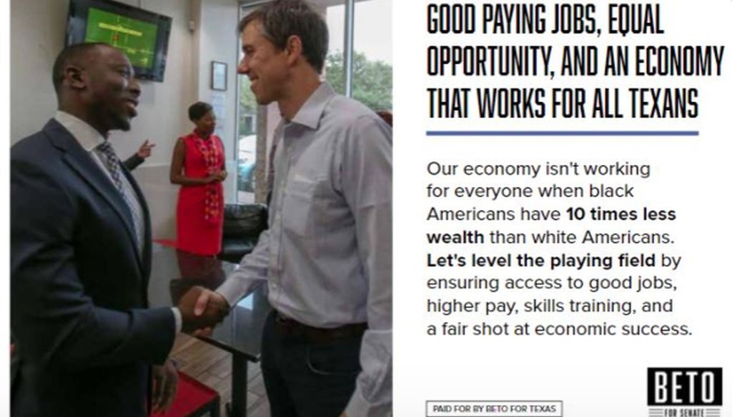Democratic U.S. Senate nominee Beto O'Rourke placed this ad about black wealth in a July 2018 issue of the Houston Defender (O'Rourke campaign).