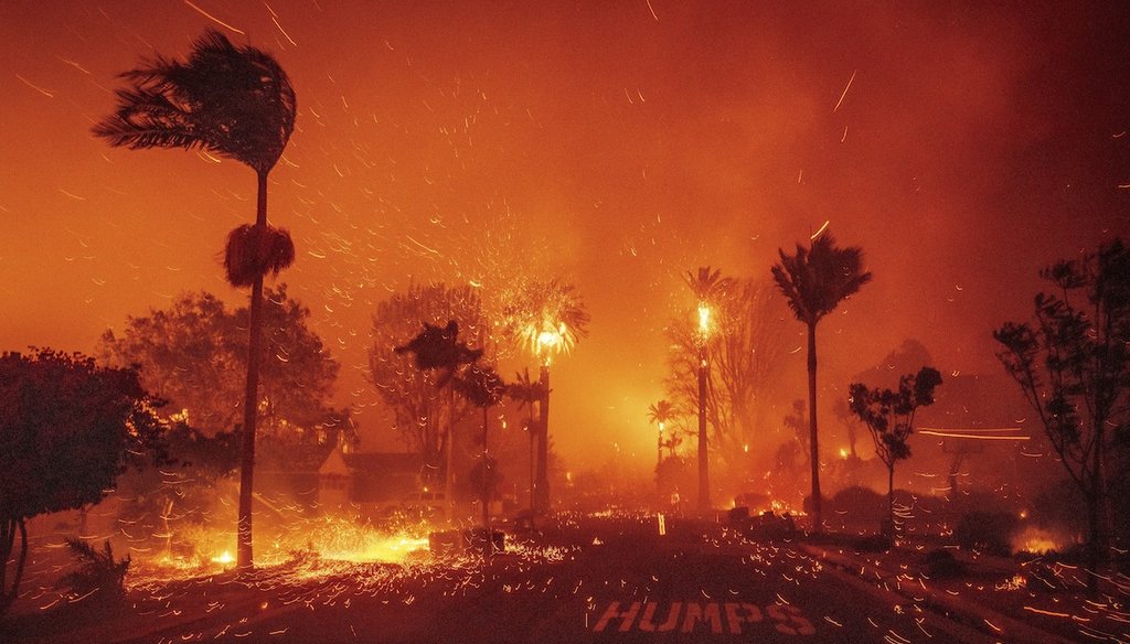 The Palisades Fire ravages a neighborhood amid high winds in the Pacific Palisades neighborhood of Los Angeles, Jan. 7. (AP)