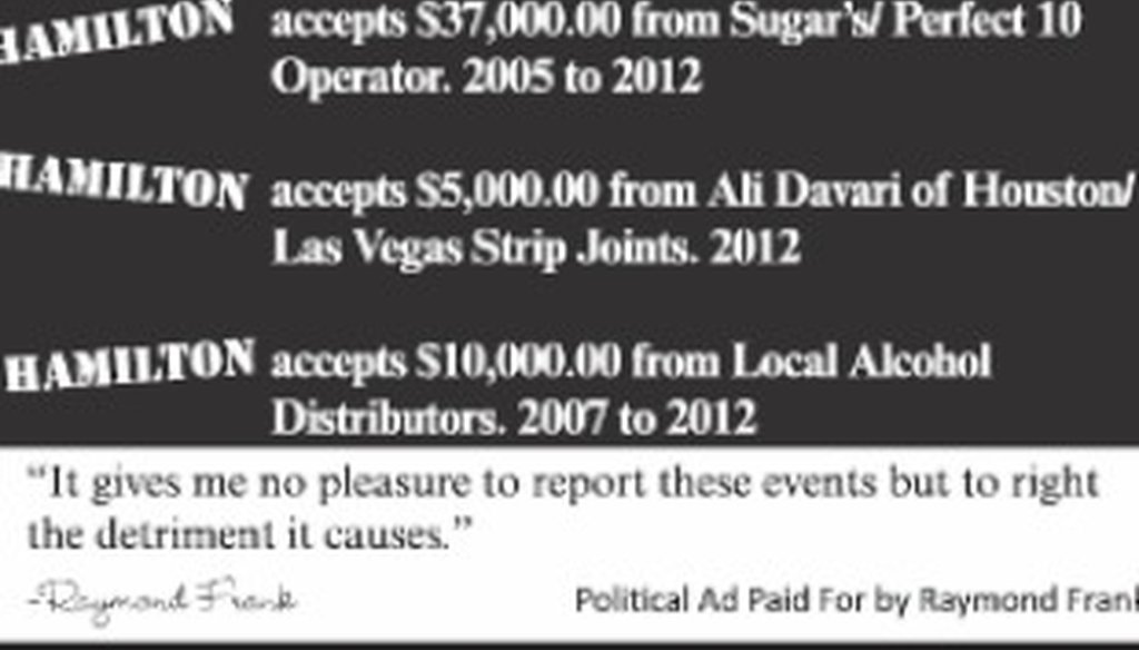 Raymond Frank's ad Oct. 10, 2012, included the claims shown here.