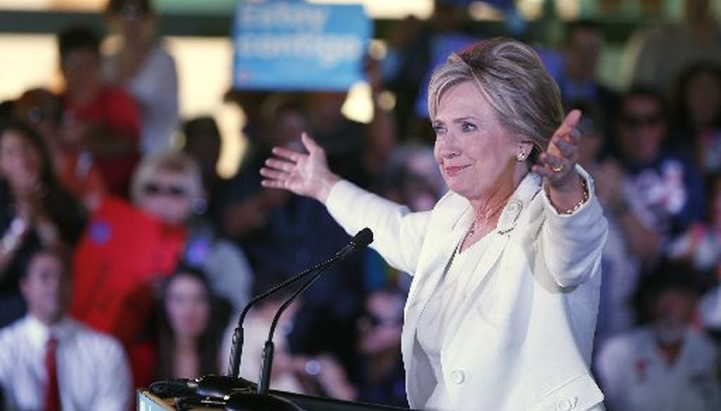 Hillary Clinton, bidding for the Democratic presidential nomination, made a claim about people felled by guns in this San Antonio speech Oct. 15, 2015 (Photo, Eric Schlegel/Getty Images).