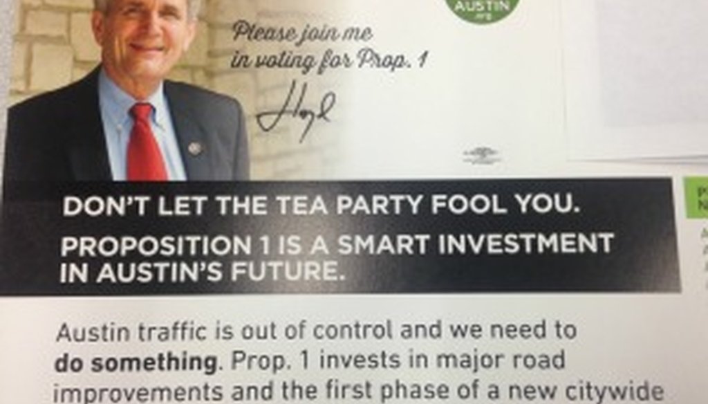 Austin U.S. Rep. Lloyd Doggett made a flawed claim about the Austin Tea Party in this October 2014 mailer promoting a city proposition on the November ballot.