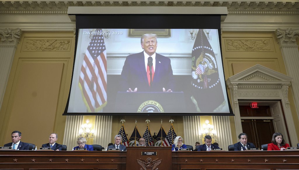 A video of then-President Donald Trump plays during a hearing by the House select committee investigating the Jan. 6 attack on the U.S. Capitol Oct. 13, 2022. (AP)