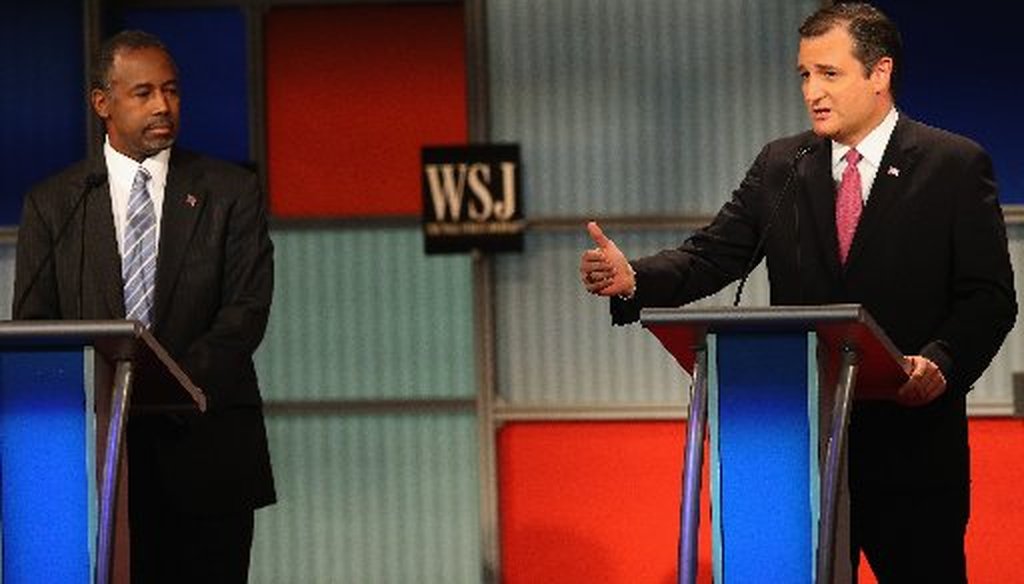 Ted Cruz (right) spoke longer than any candidate in the Republican presidential debate Nov. 10, 2015. Ben Carson drew less talk time (Getty Images photo).
