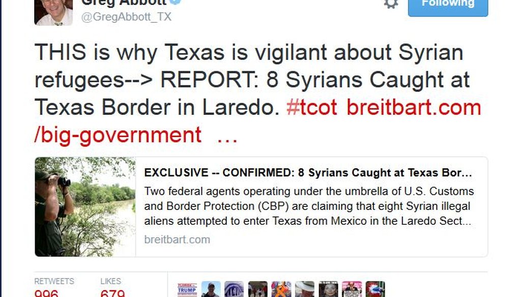 Greg Abbott tweeted about Syrians caugth at the border Nov. 18, 2015. We found this claim Mostly False; there was considerable missing context.