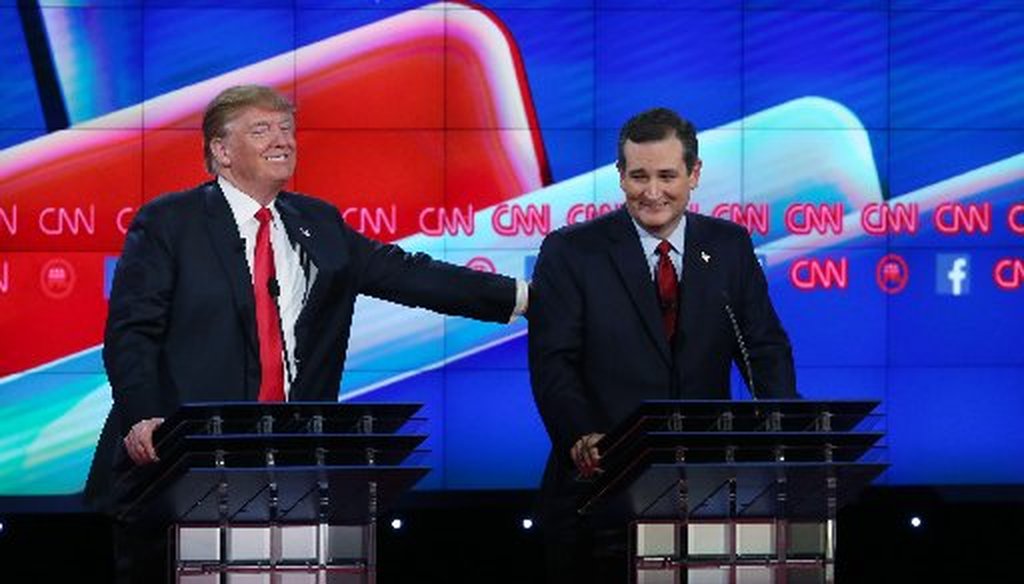 Donald Trump praised Ted Cruz at the Republican presidential debate in Las Vegas Dec. 15, 2015; neither candidate lost his smile (Getty Images photo).