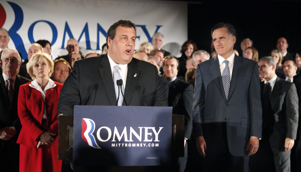 Gov. Chris Christie introduces Republican presidential nominee Mitt Romney at a campaign fundraiser in December.