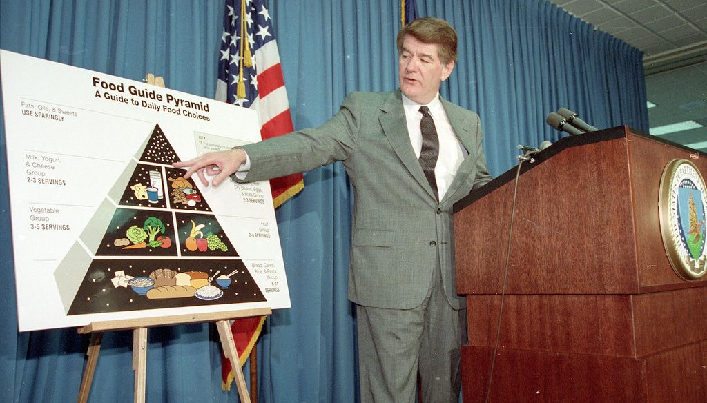 FILE - Agriculture Secretary Edward Madigan points to the food guide pyramid during a news conference at the Agriculture Department, April 28, 1992. The chart replaced the "food wheel" that had been used since 1946. (AP)