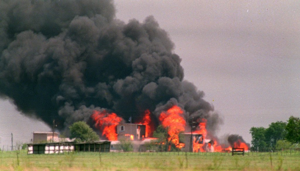 This April 19, 1993, file photo shows flames engulfing the Branch Davidian compound in Waco, Texas, after the U.S. government raided the compound. (AP)