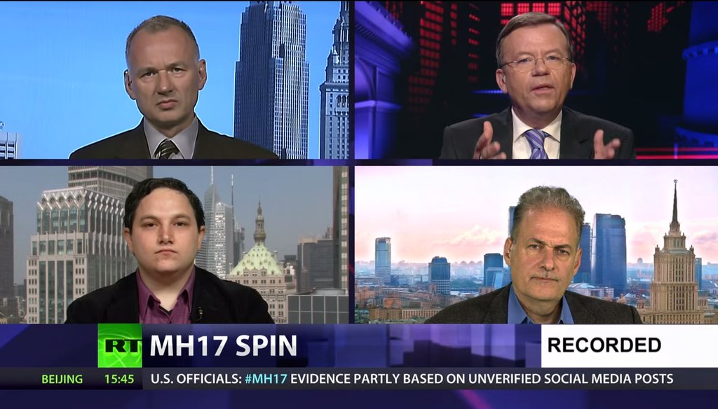 Peter Lavelle (top right) talks to three guests about how Western media is spinning the downing of Malaysia Airlines Flight 17.