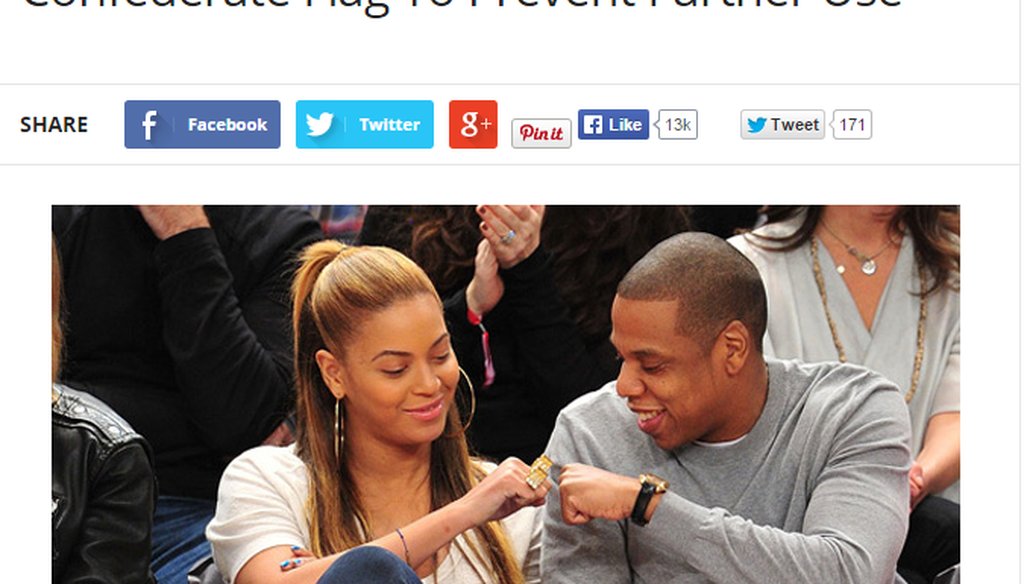 A website claims Jay-Z and Beyonce want to buy the rights to the Confederate flag. (Screengrab)
