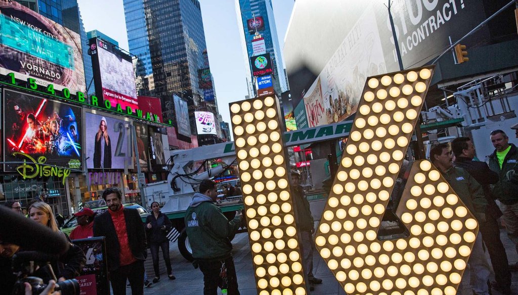 The numerals "1" and "6," to be used to spell out "2-0-1-6" during the Times Square New Year’s Eve celebration, are unveiled Dec. 15, 2015 in New York City. (Photo by Andrew Burton/Getty Images)