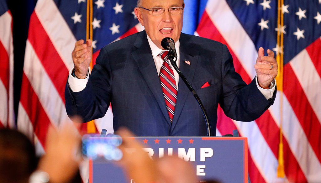 Former New York Mayor Rudy Giuliani speaks before Republican Presidential candidate Donald Trump in Youngstown, Ohio, Monday, Aug. 15, 2016. (AP Photo)