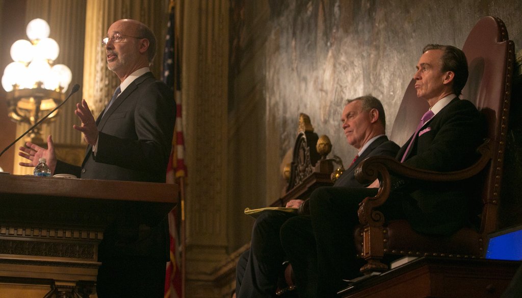 Governor Tom Wolf giving a budget address this February, as Speaker Mike Turzai and Lieutenant Governor Mike Stack look on. Credit: Governor Tom Wolf/Flickr
