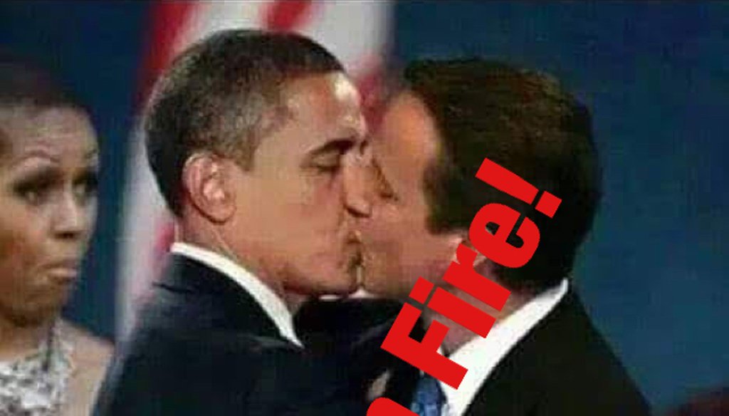 A doctored photo appears to show Barack Obama kissing David Cameron.