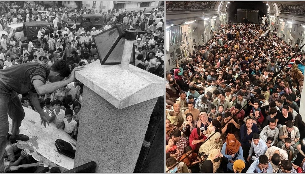 South Vietnamese civilians scale the U.S. Embassy wall in 1975 (left). Afghans crowded into a C-17 jet to escape the Taliban. (AP Photo/Neal Ulevich/U.S. Air Force))