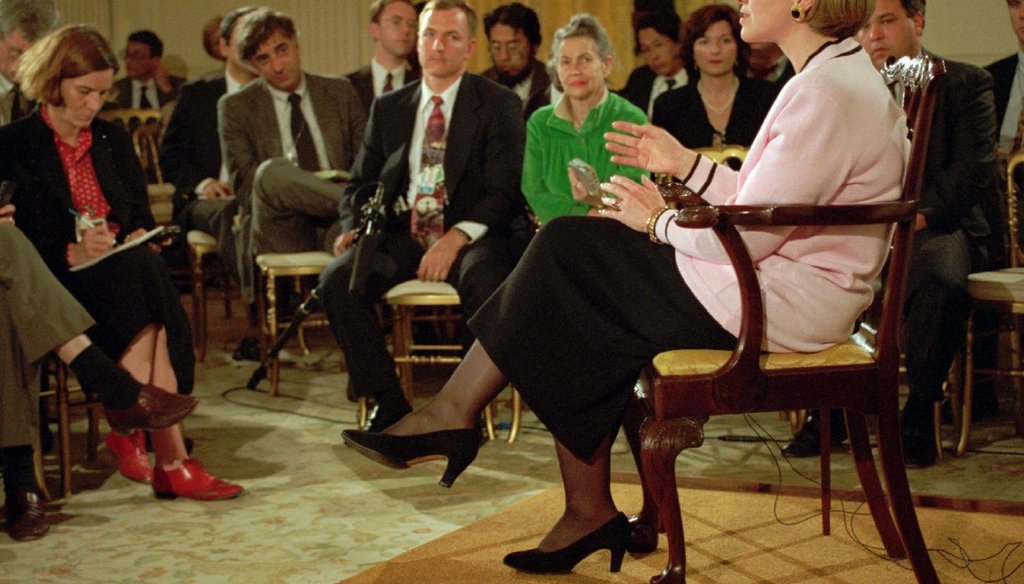 First lady Hillary Clinton gestures during a news conference in the White House Friday, April 22, 1994. (AP photo)