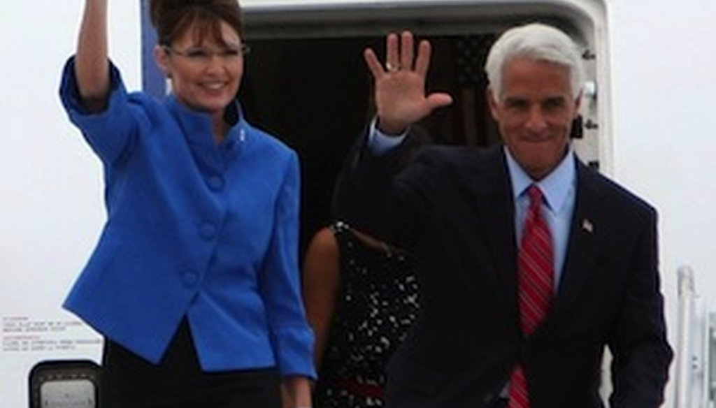 Sarah Palin and Charlie Crist campaign together in Florida in 2008. She was the vice presidential nominee; he was governor of Florida. 