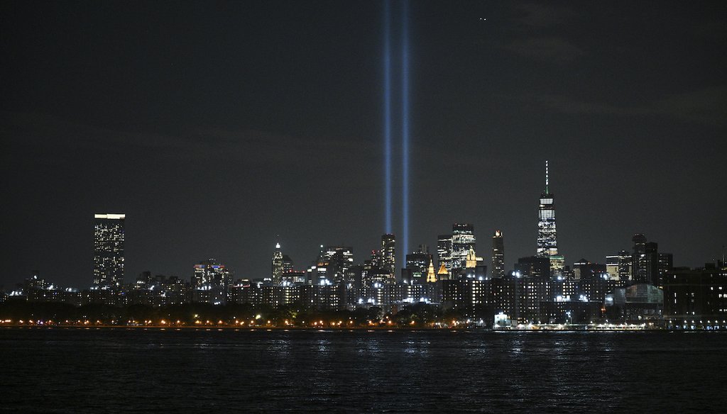 The "Tribute in Light" public art installation commemorating the 9/11 terrorist attacks shines up from Lower Manhattan in New York City on Sept. 11, 2021. (Photo by NDZ/STAR MAX/IPx)