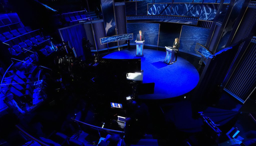 Former President Donald Trump and Vice President Kamala Harris participate in a Sept. 10, 2024, ABC News presidential debate at the National Constitution Center in Philadelphia. (AP)