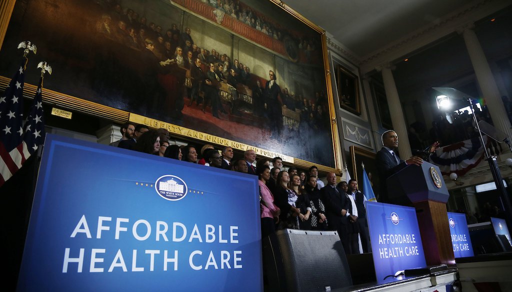 Then-president Barack Obama speaks at Boston's historic Faneuil Hall about the Affordable Care Act in 2013. (AP)