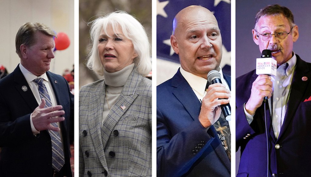 Four of the Republican candidates listed on the website for the America First Secretary of State Coalition. From left to right: Jim Marchant of Nevada; Tina Peters of Colorado; Doug Mastriano of Pennsylvania; and Mark Finchem of Arizona. (AP)