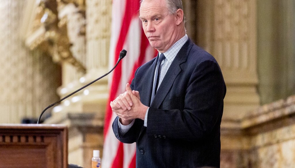 State Speaker of the House Mike Turzai, R-Allegheny County, uses some hand sanitizer during a legislative session, Tuesday, March 24, 2020, at the Capitol in Harrisburg, Pa. (Joe Hermitt/The Patriot-News via AP)