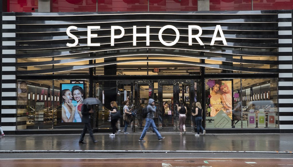 Pedestrians walk past a Sephora store in New York City on May 16, 2018. (AP)