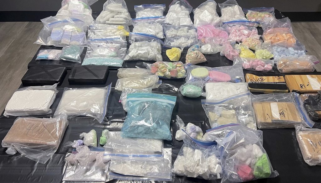 Evidence photo provided by the Alameda County Sheriff's Office shows seized 92.5 pounds (42 kilograms) of illicit fentanyl displayed in Alameda, Calif. April 23, 2022. (AP)