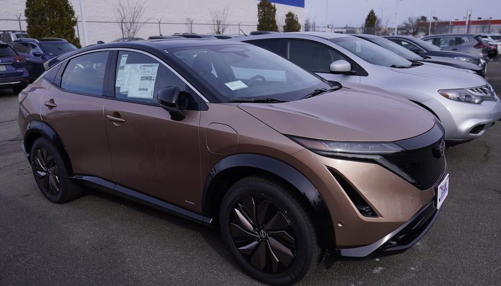 A Nissan electric vehicle for sale in Manchester, N.H., in 2023. (AP)
