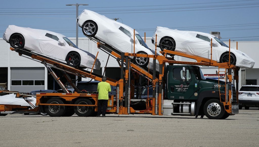 New Corvettes are delivered to a Chevrolet dealer in Wheeling, Ill., on May 9, 2023. (AP)