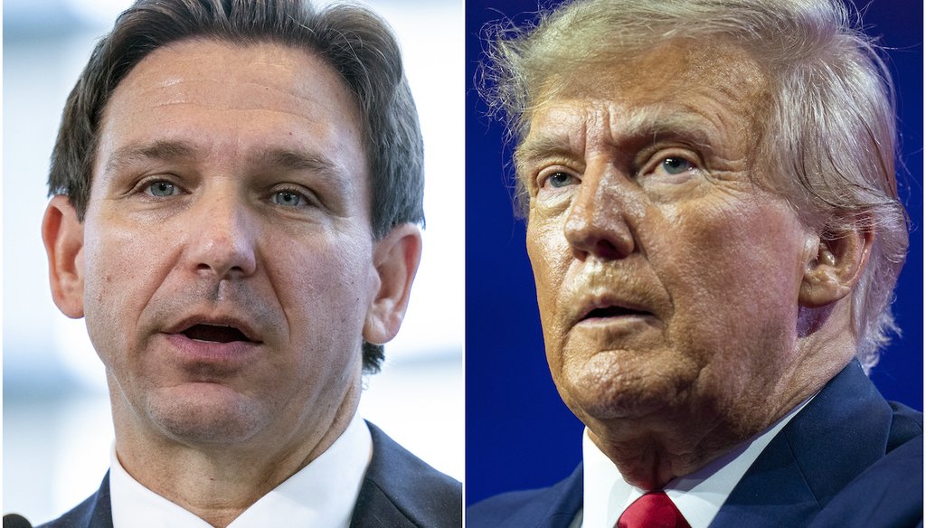 This combination of photos shows Florida Gov. Ron DeSantis, left, speaking April 21, 2023, in Oxon Hill, Md., and former President Donald Trump speaking on March 4, 2023, at National Harbor in Oxon Hill, Md. (AP)
