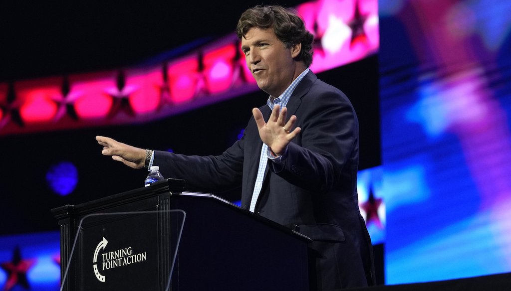Former Fox News host Tucker Carlson speaks July 15, 2023, at the Turning Point Action conference in West Palm Beach, Fla. (AP)