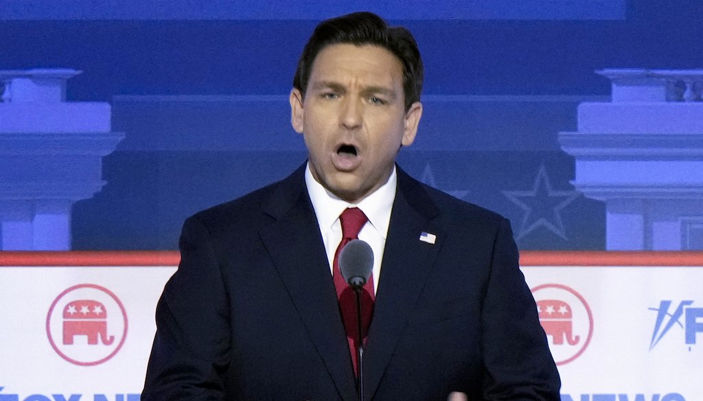 Republican presidential candidate Florida Gov. Ron DeSantis speaks during a Republican presidential primary debate hosted by Fox News Channel, Aug. 23, 2023, in Milwaukee. (AP)