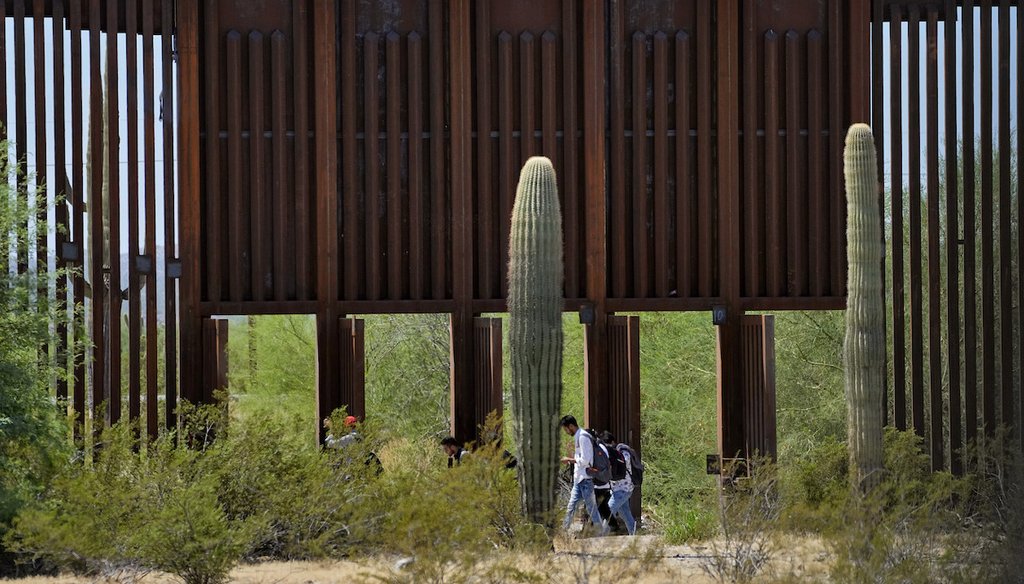 A group claiming to be from India walk past open border wall storm gates after crossing through the border fence in the Tucson Sector of the U.S.-Mexico border, Aug. 29, 2023, in Organ Pipe Cactus National Monument near Lukeville, Ariz. (AP)