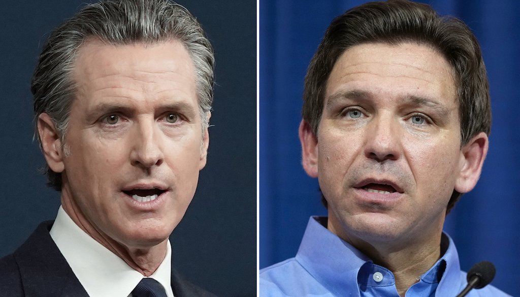 This combination of photos shows California Gov. Gavin Newsom speaking in Sacramento, Calif., on June 24, 2022, left, and Florida Gov. Ron DeSantis speaking in Sioux Center, Iowa, May 13, 2023, right. (AP)