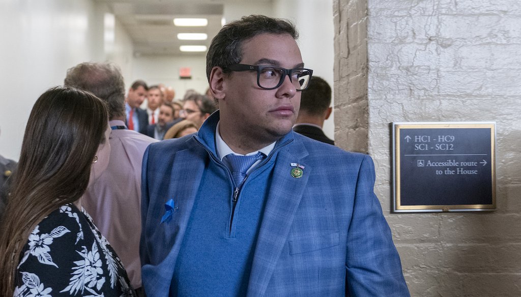 Rep. George Santos, R-N.Y., departs a Republican caucus meeting on Oct. 20, 2023. (AP)