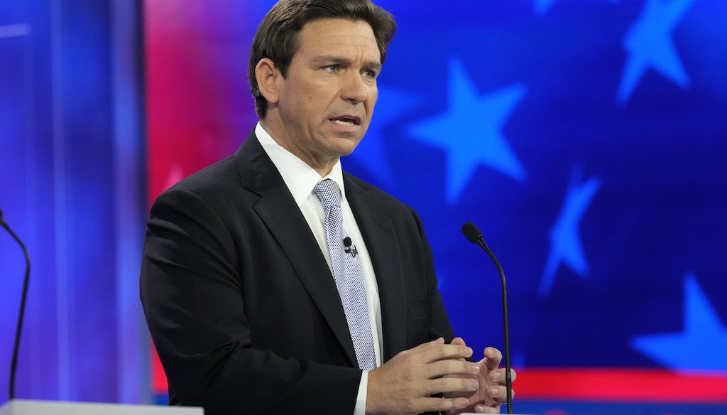 Republican presidential candidate Florida Gov. Ron DeSantis speaks during a Republican presidential primary debate on Nov. 8, 2023, at the Adrienne Arsht Center for the Performing Arts of Miami-Dade County in Miami. (AP Photo)