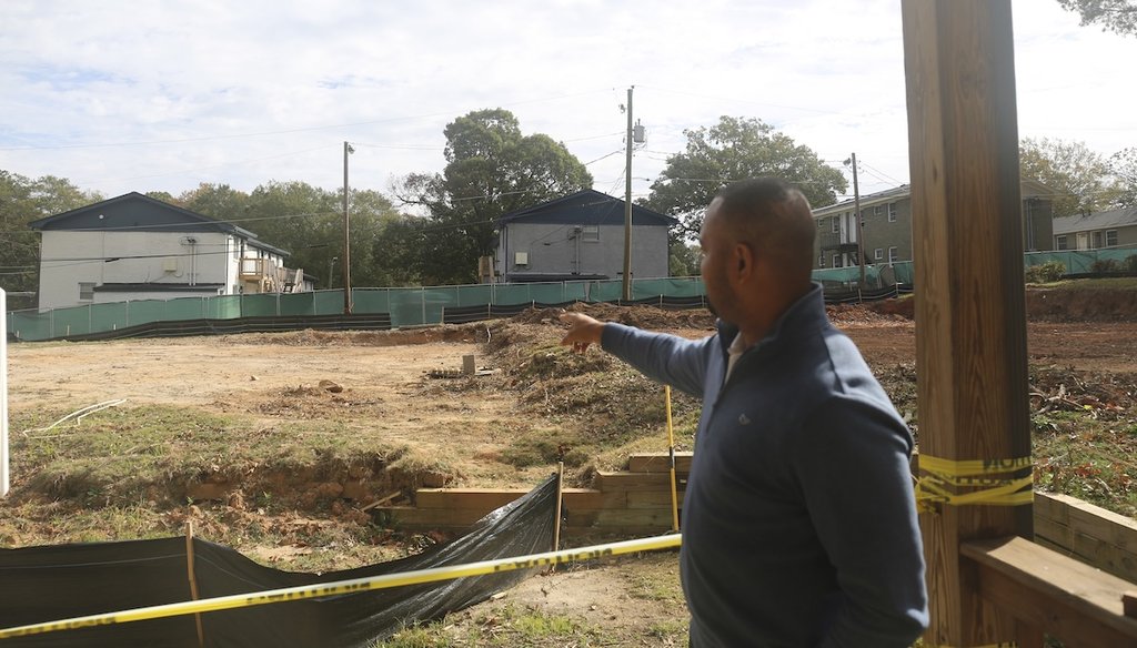 Veterans Empowerment Organization CEO Tony Kimbrough looks over the site on which a two-story building will be built to house 20 formerly homeless veterans in Atlanta, on Oct. 31, 2023. (AP)