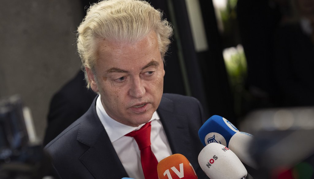 Geert Wilders, leader of the far-right Party for Freedom, talks to the media in The Hague, Netherlands on Nov. 24, 2023. (AP)
